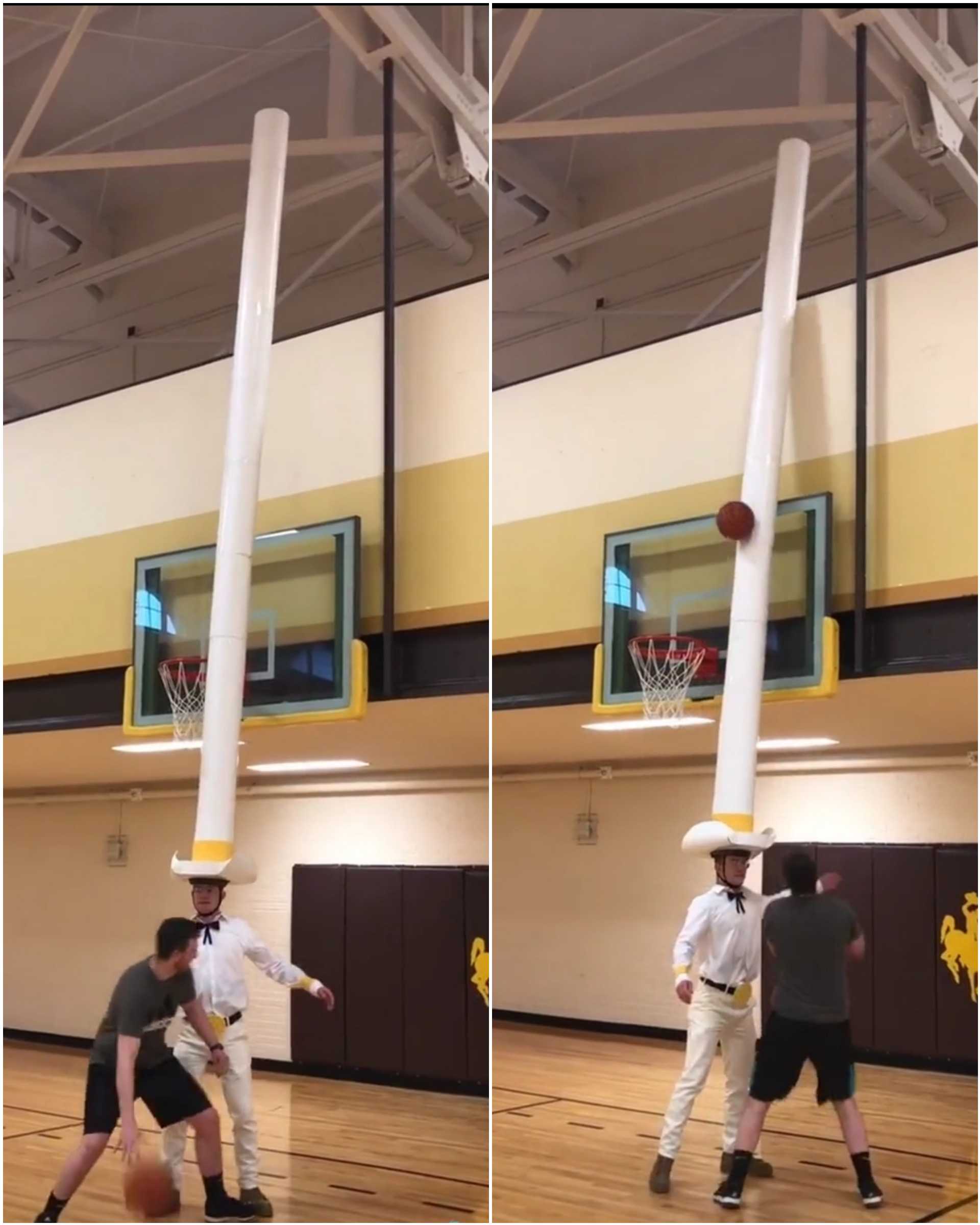 there are two pictures of a man playing basketball with a giant bat