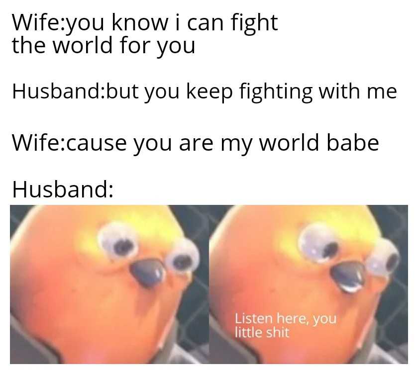 orange with a funny face and a caption that reads, wife know i can fight the world for you husband you keep fighting with me wife cause you are my old babe husband