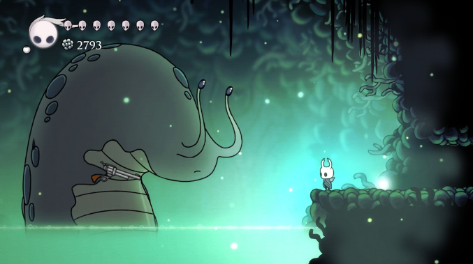 cartoon elephant with a skeleton on its back and a small figure in the background