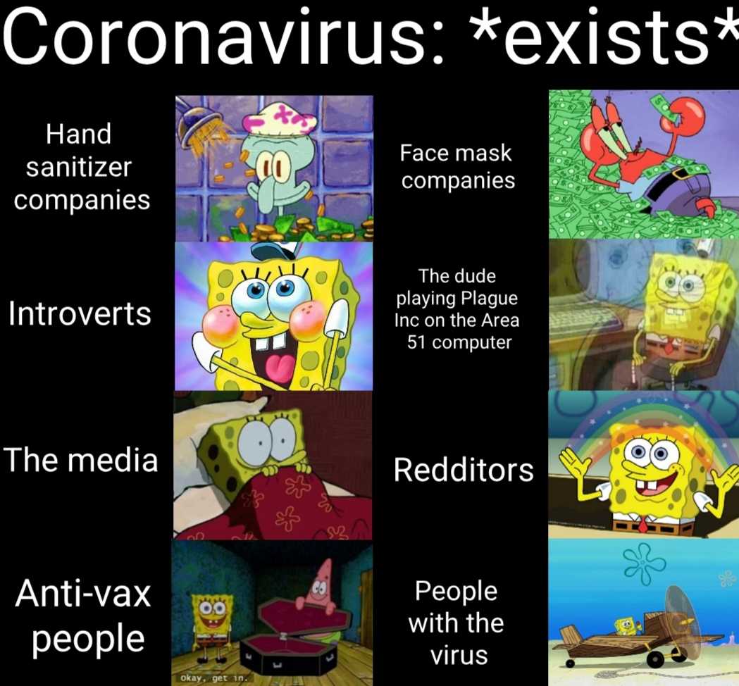 a close up of a cartoon character with a caption of coronavirus exists