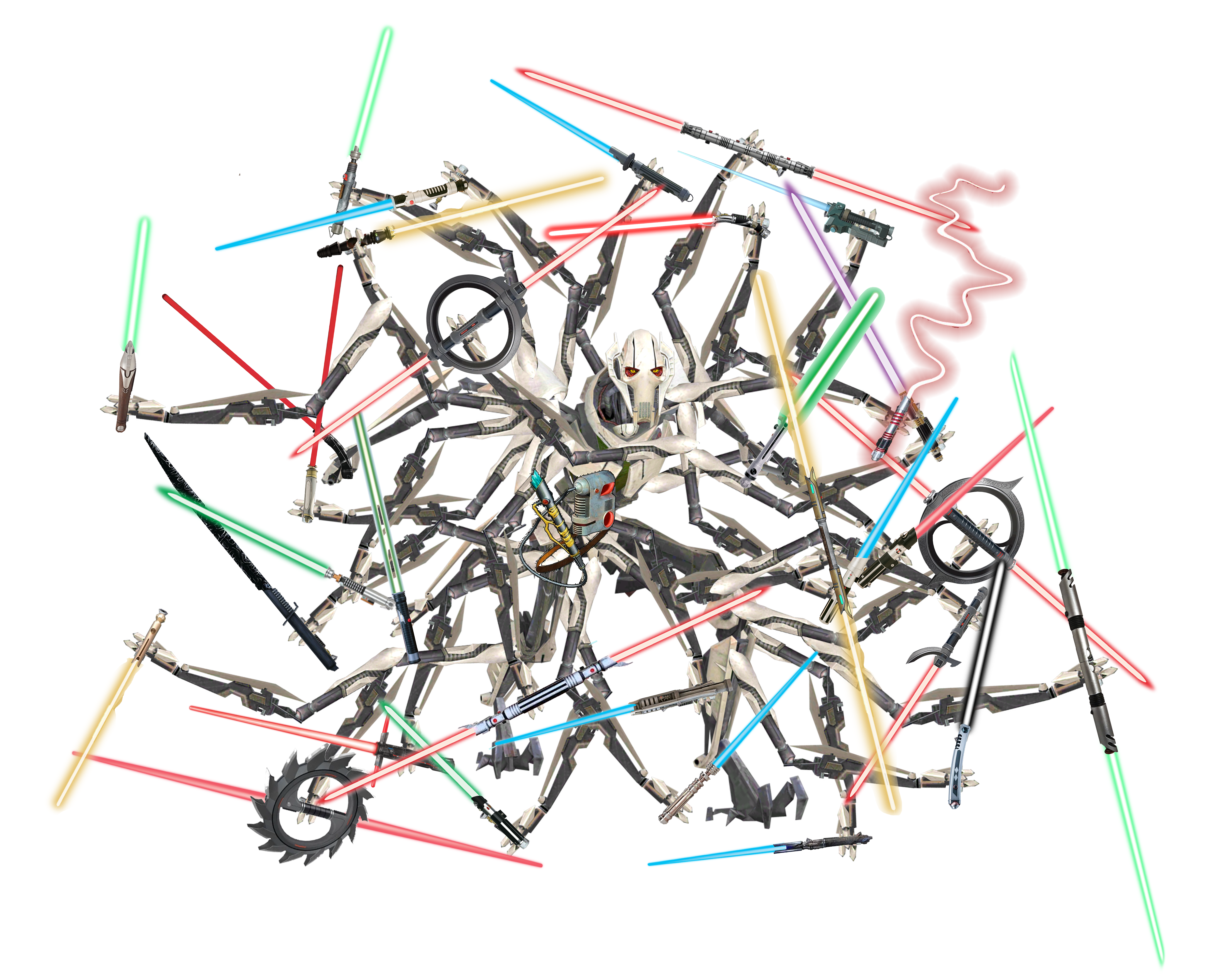 there are many different lightsabers that are arranged in a pile