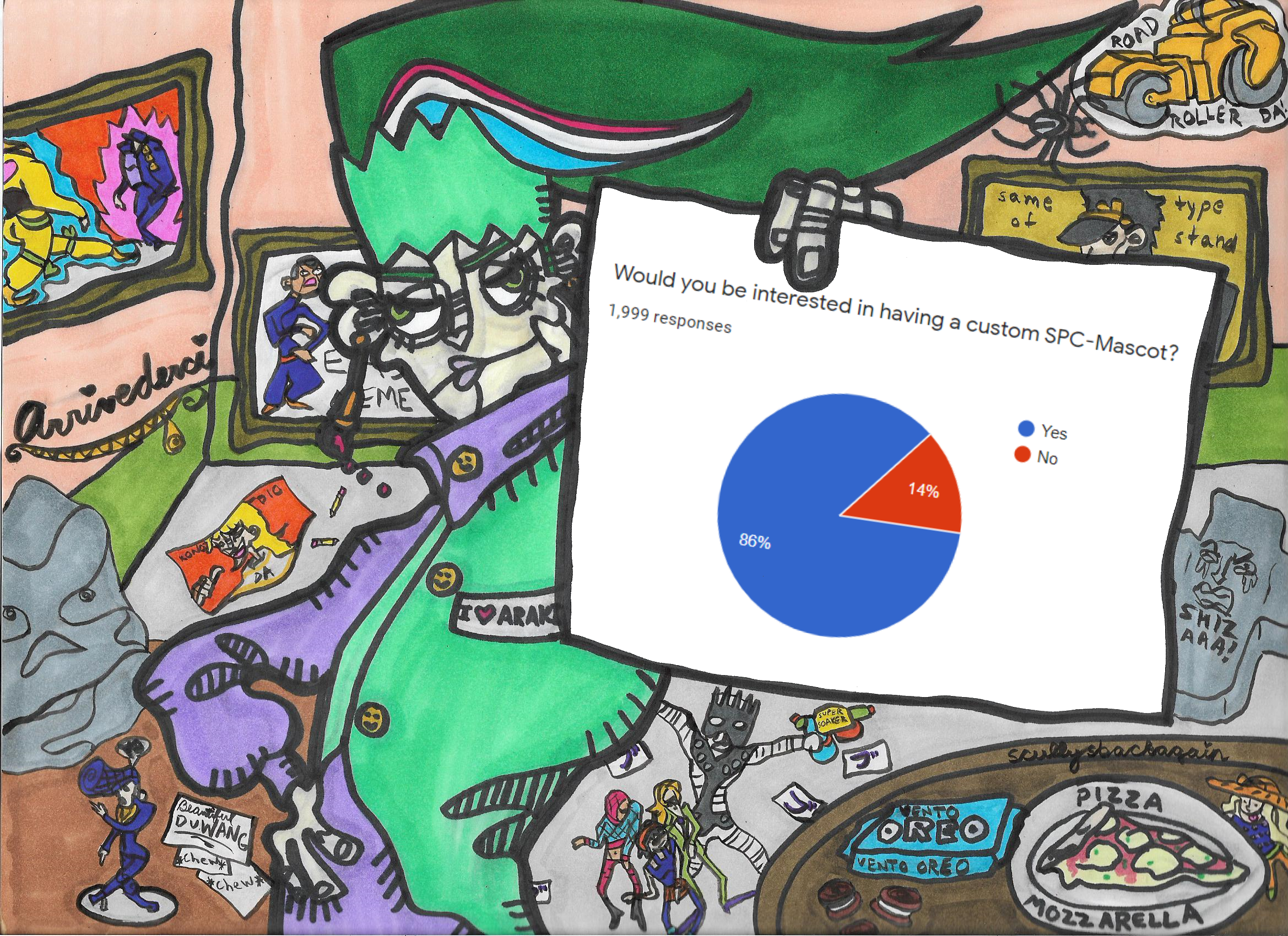 cartoon drawing of a dinosaur holding a pie chart with a lot of people around it