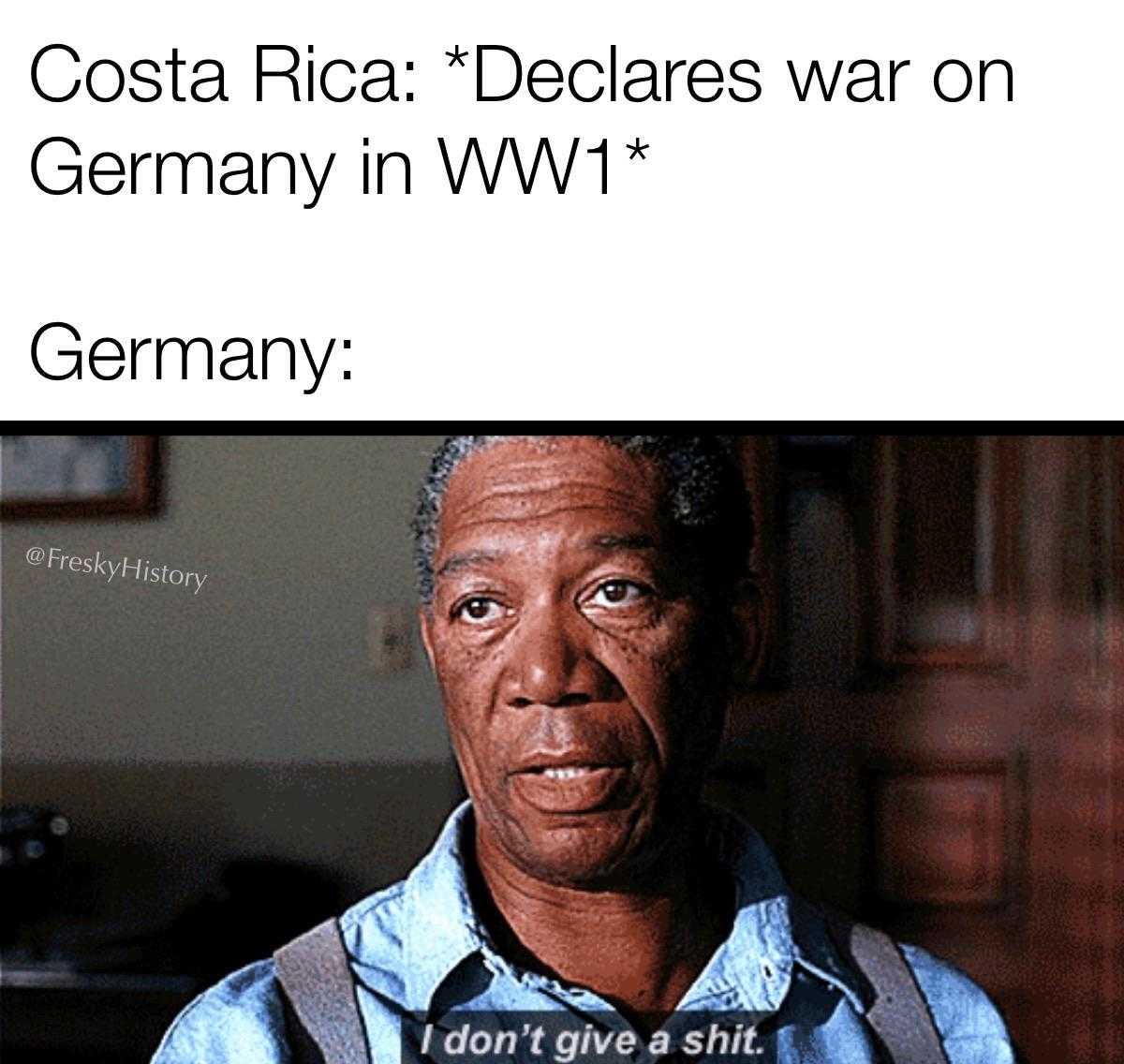 man in a blue shirt and suspenders with a caption saying costa rica declares war on germany in wwii