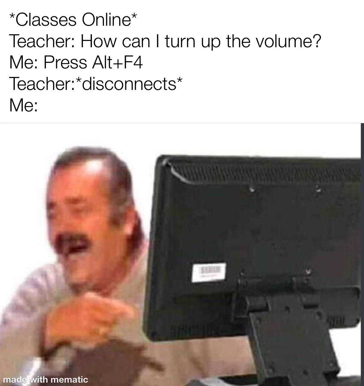 man pointing at a computer screen with a caption of a teacher saying class one