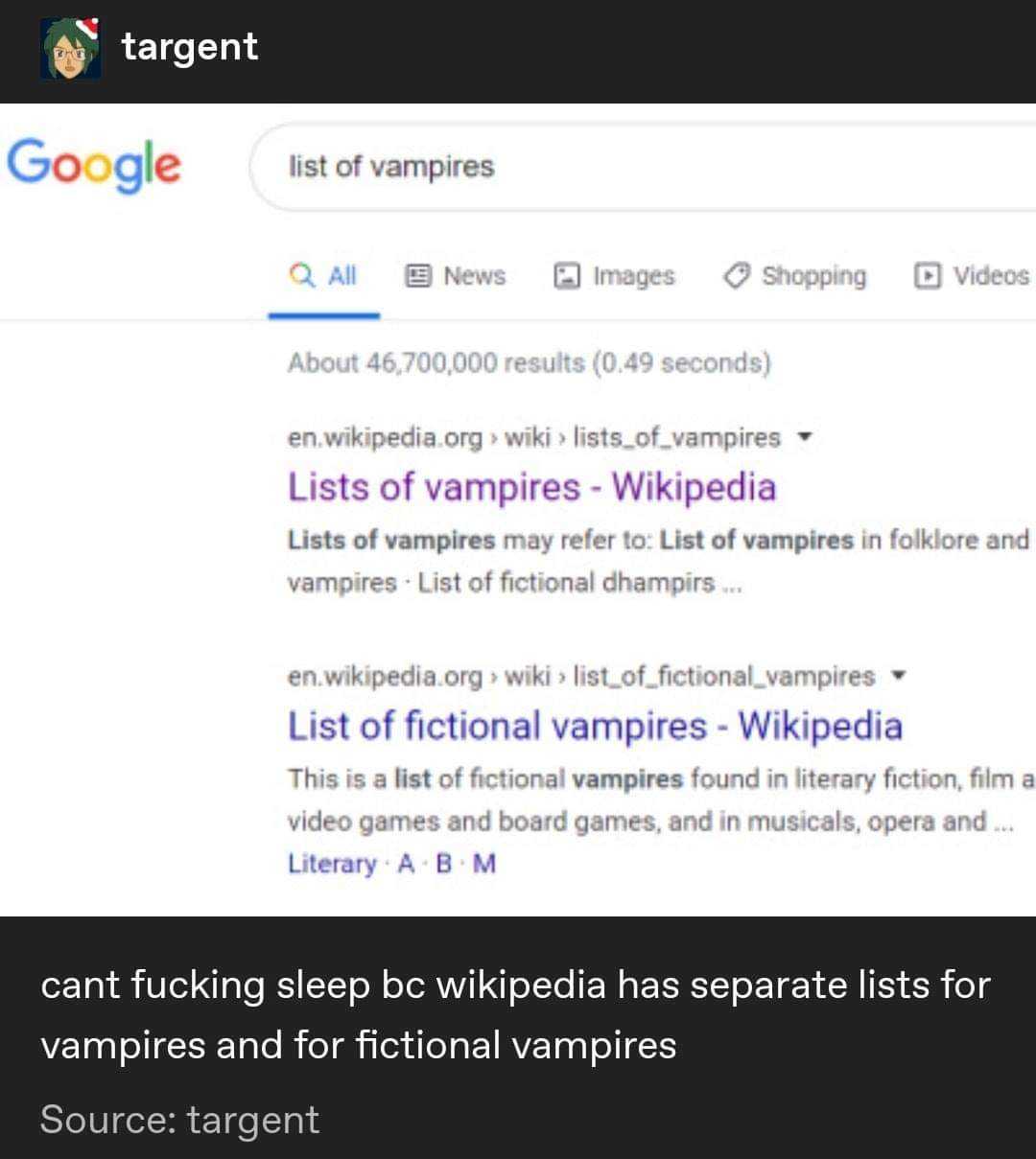 google search for a vampire with a list of other vampires