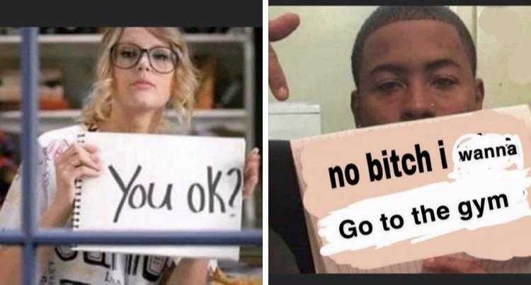 two pictures of a man and woman holding signs in front of a window