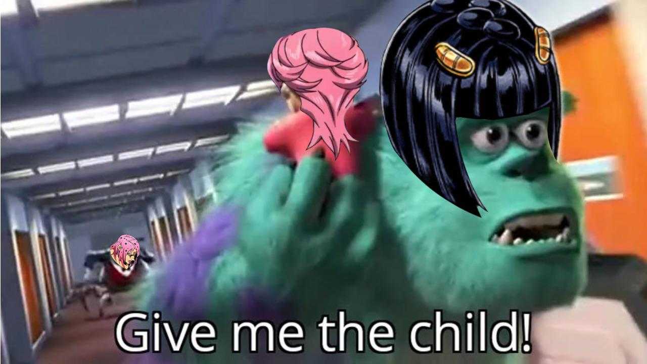 araffe with a pink hair and a black wig with a caption saying give me the child