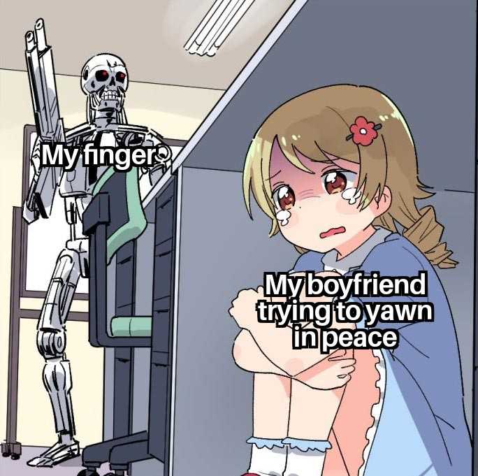 anime meme of a woman and a robot with caption saying, my boyfriend trying to vaw in