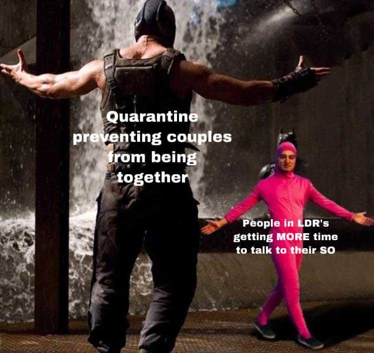 batman and catwoman in pink costumes with caption saying quarantine preventing couples from being together