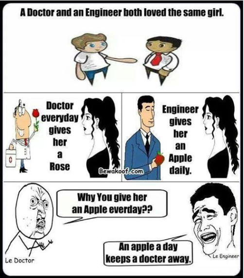 a cartoon of a doctor and an engineer both loved the same girl