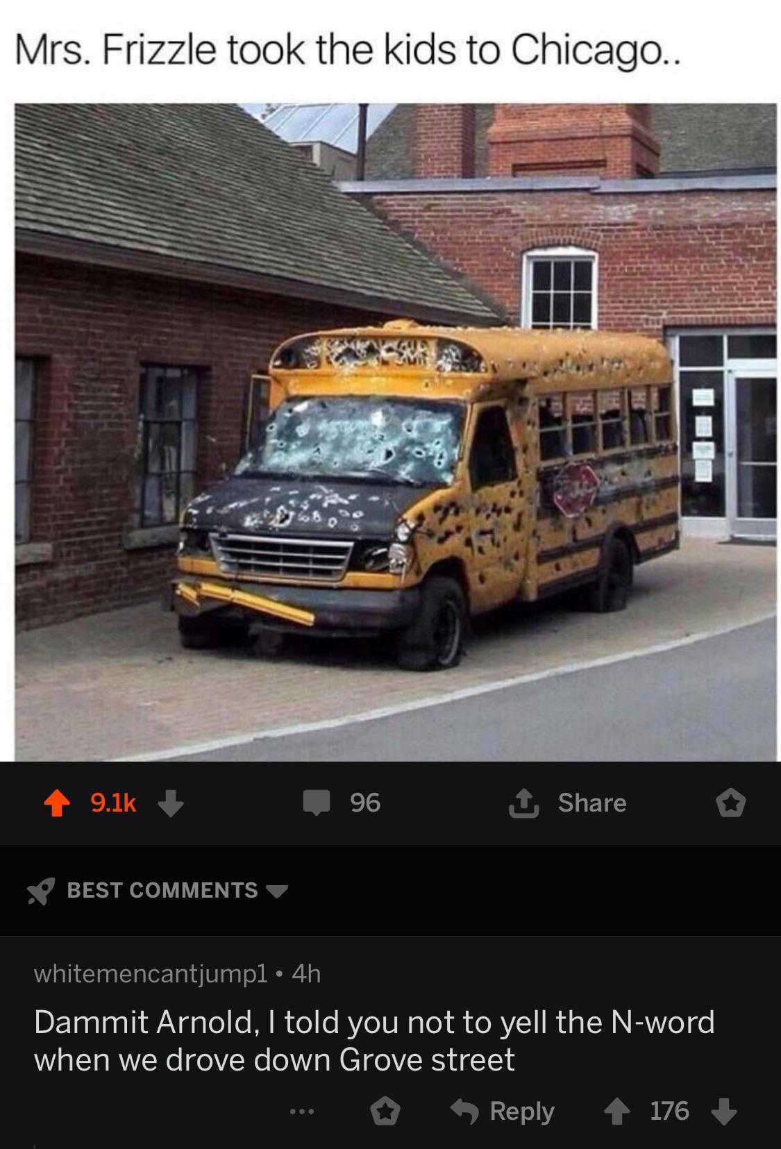 school bus parked in front of a brick building