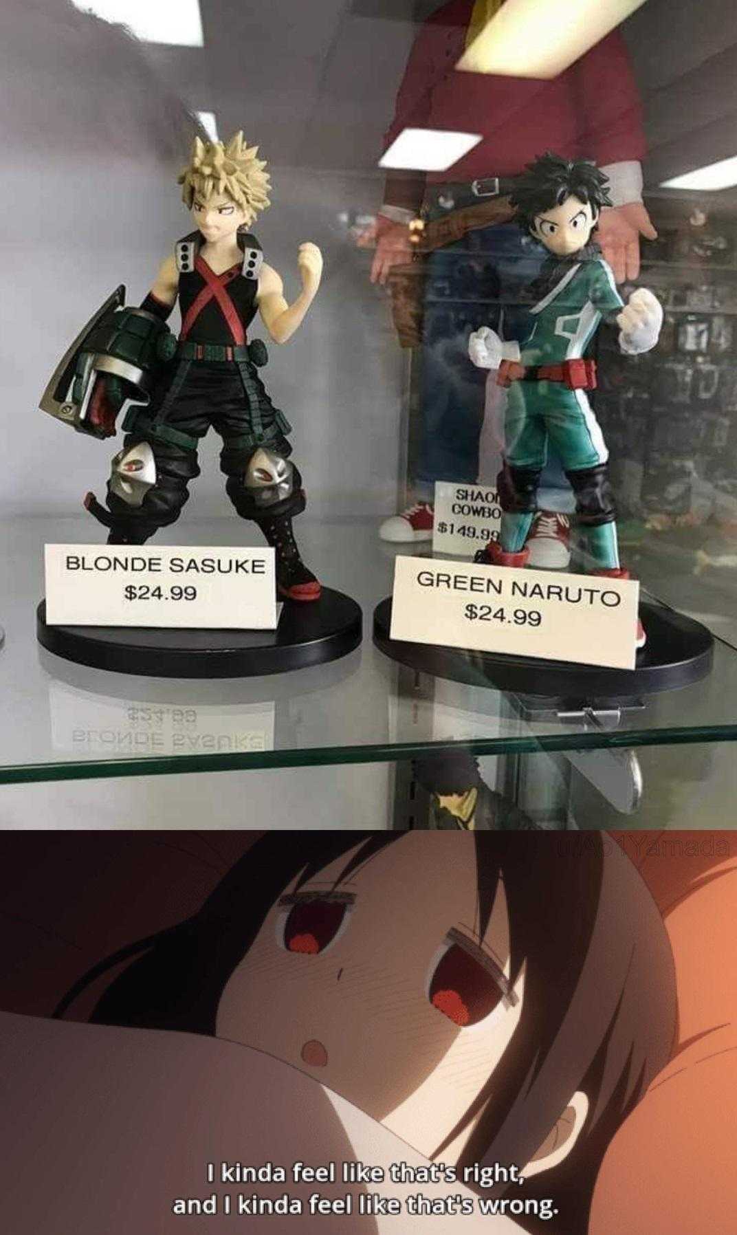 there are two figurines of anime characters on display