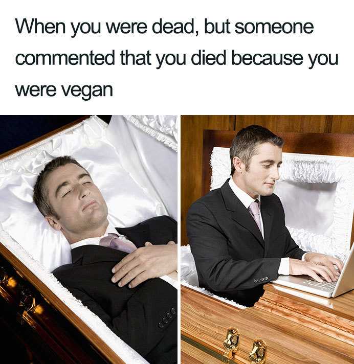 man in a suit laying in a casket with a laptop