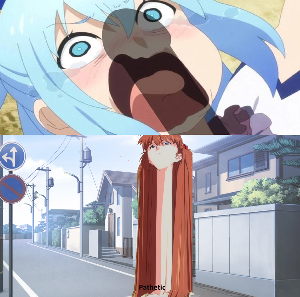 anime girl with blue hair and blue eyes standing on a street corner