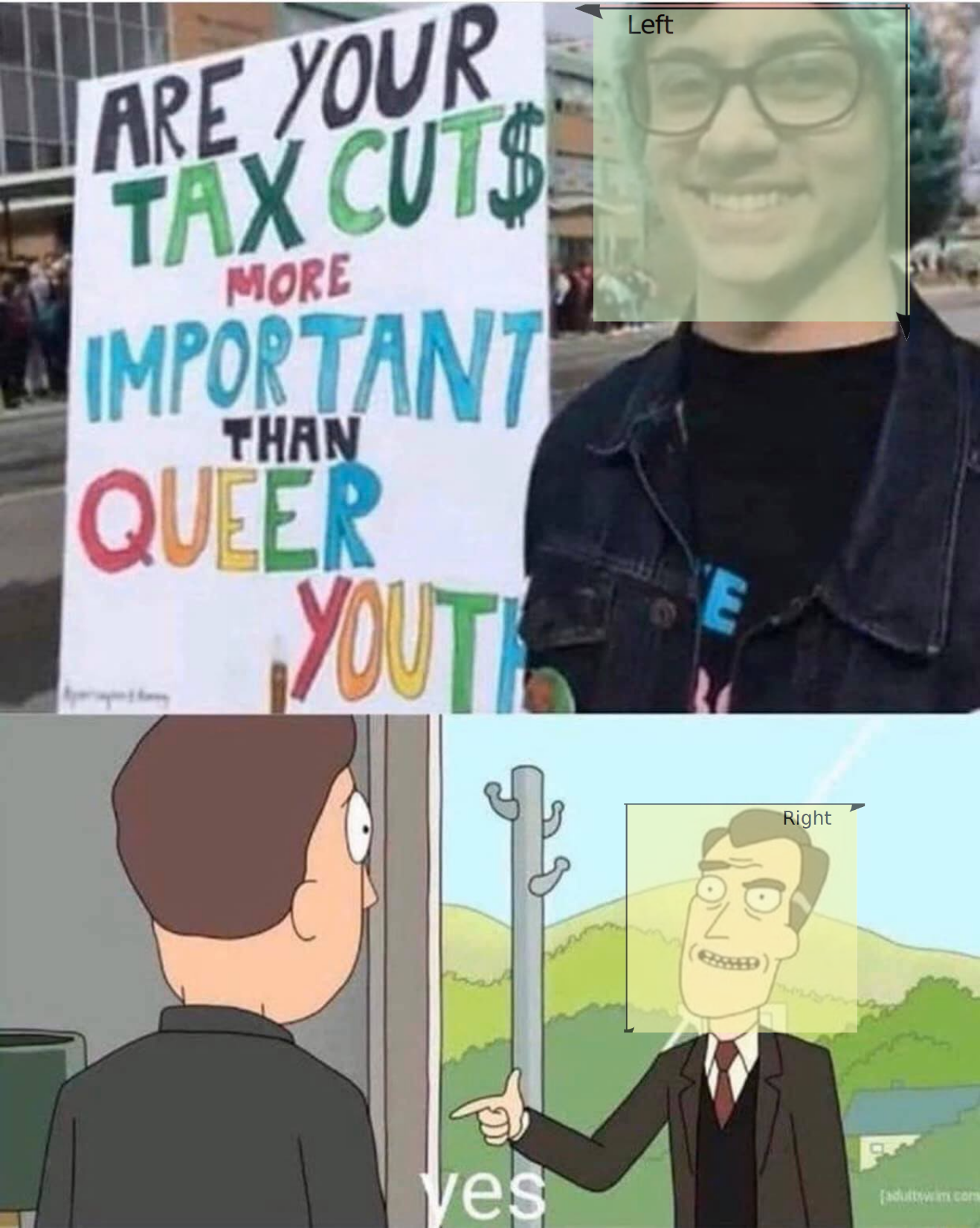 a cartoon picture of a man holding a sign that says are your tax cut more important than queer youth