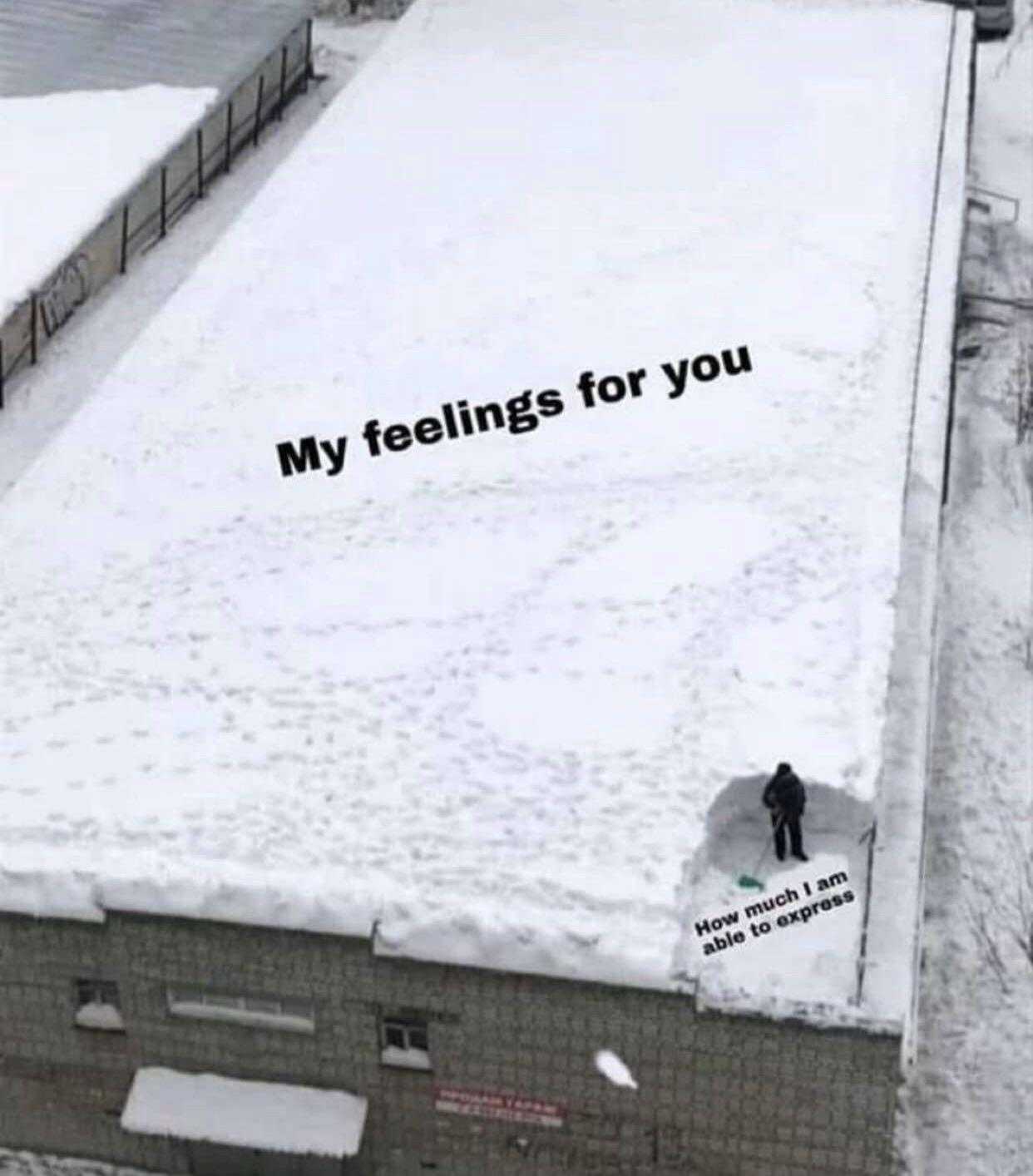 snowy roof with a person standing on it in the snow