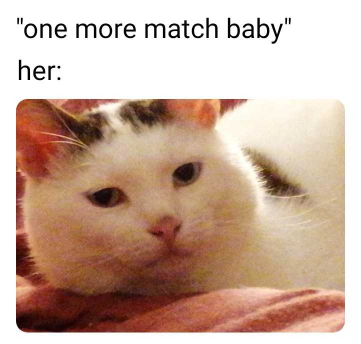 araffed cat laying on a blanket with caption of one more match baby