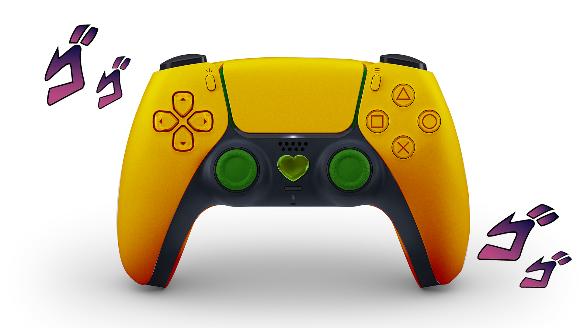 a close up of a yellow video game controller with a green button