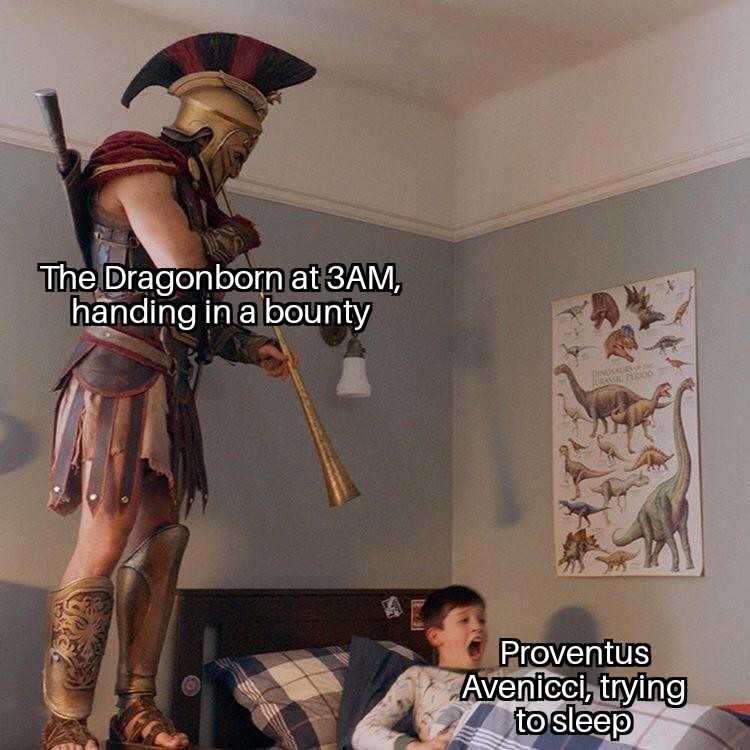 kid sitting on a bed with a giant statue of a roman soldier