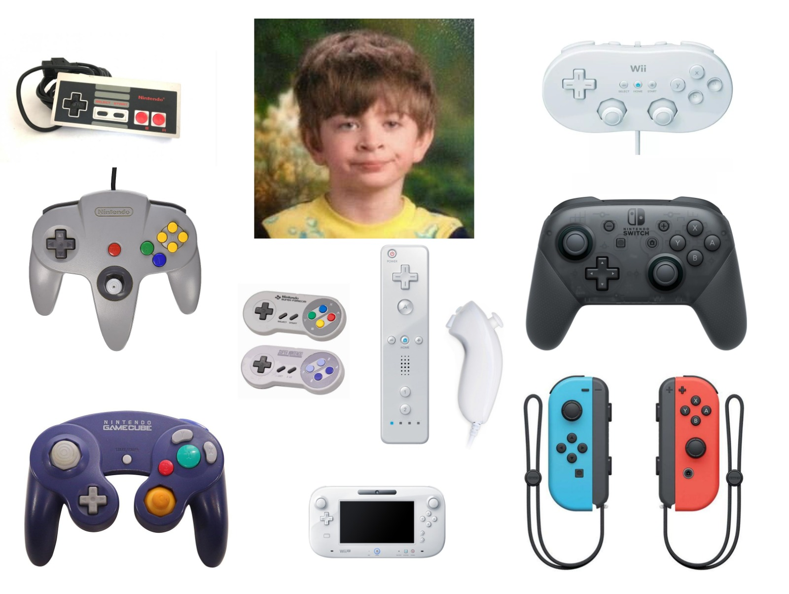 a close up of a bunch of video game controllers and a picture of a boy