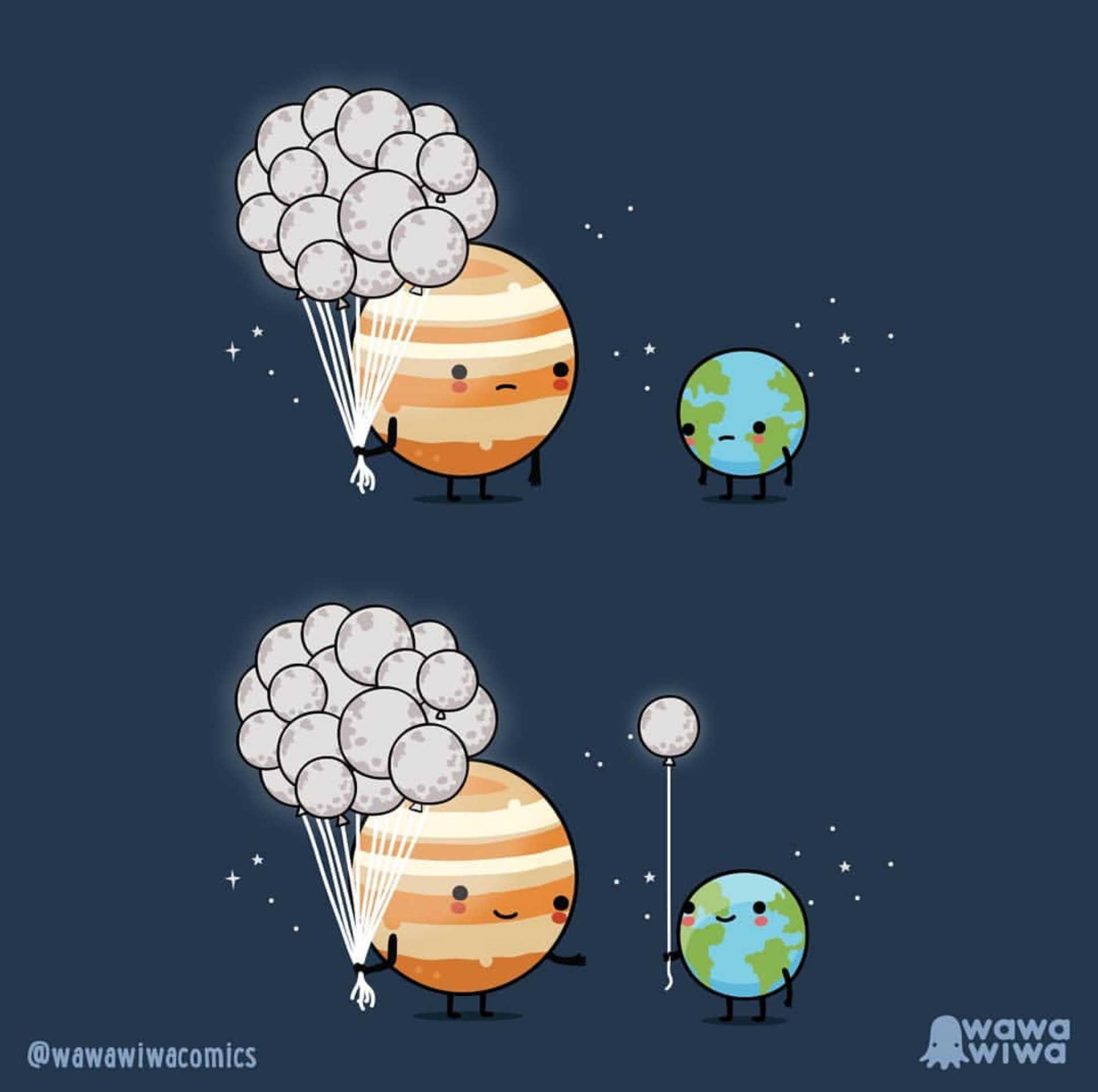 a cartoon of a group of planets with balloons floating in the sky