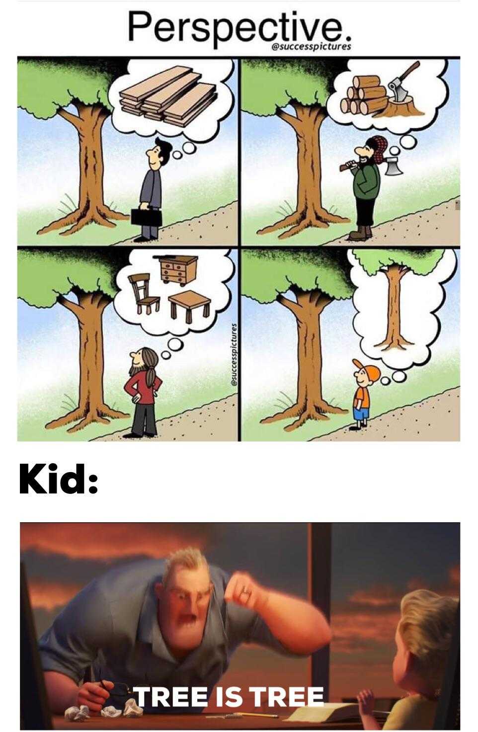 a cartoon of a man is sitting at a table with a tree