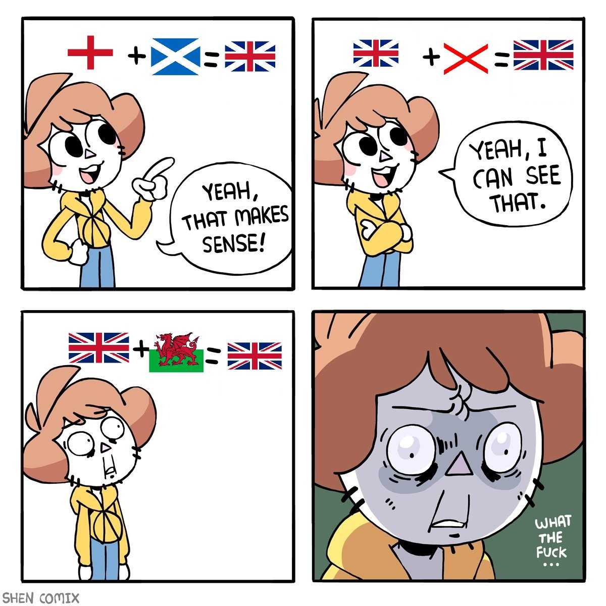 a cartoon of a woman talking to another woman about british flags