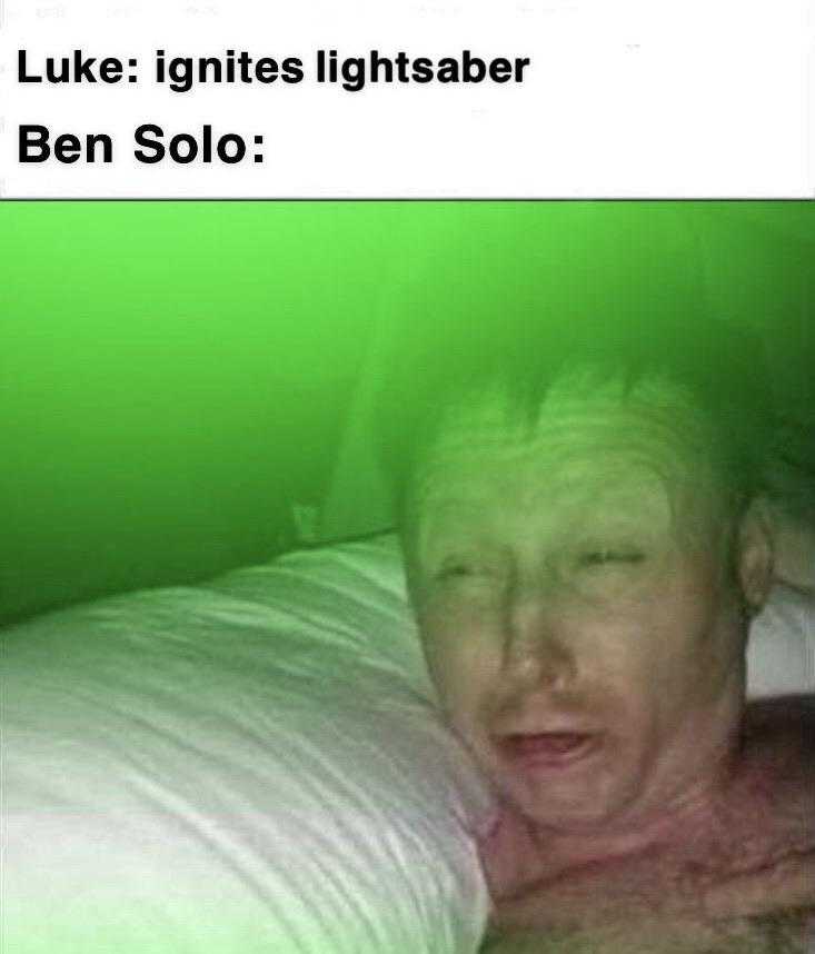 man laying in bed with green light and text that reads luke ignes light saber ben solo