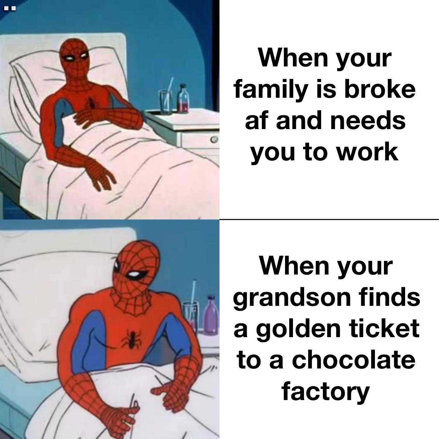 spider - man in bed with a chocolate factory in the background