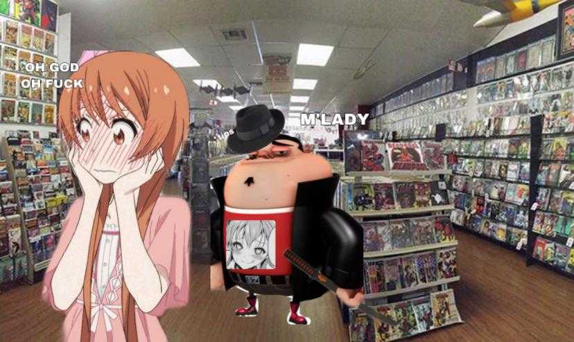 anime characters in a store with a woman covering her face