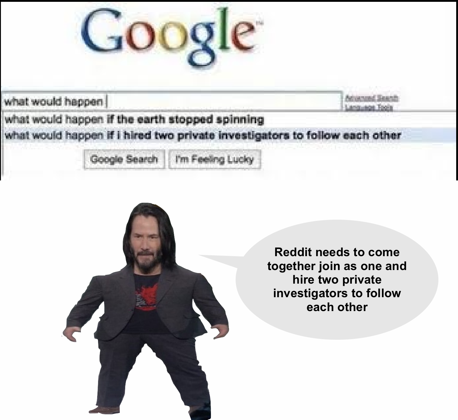 a close up of a person in a suit with a google search