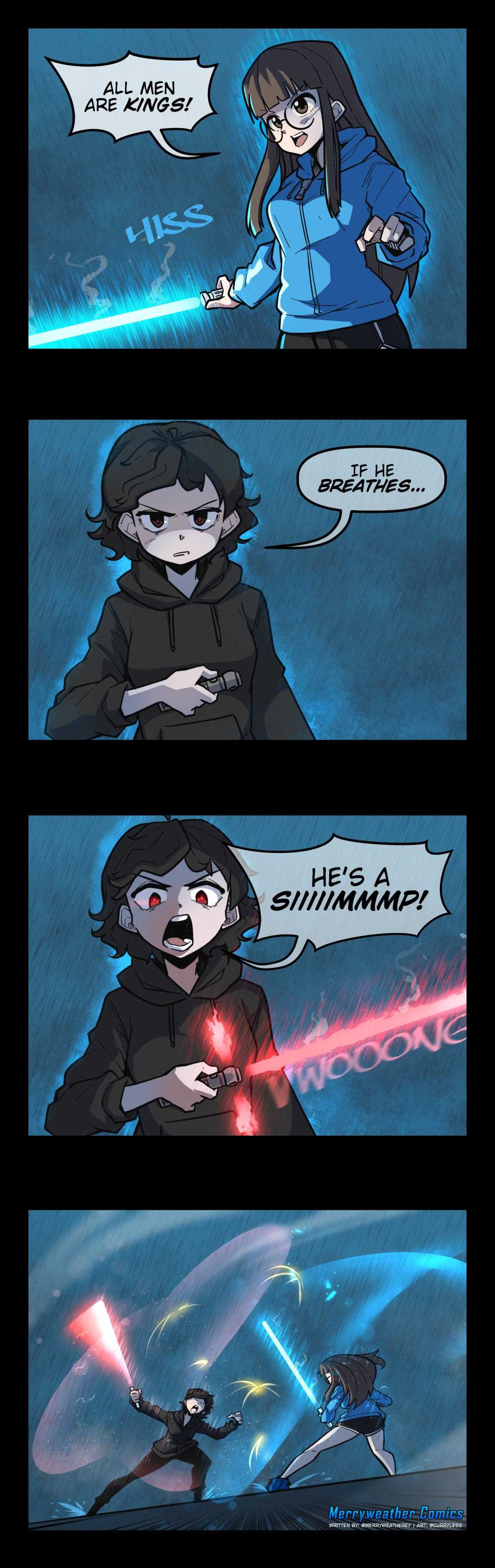 a cartoon of a comic strip with a woman holding a light saber