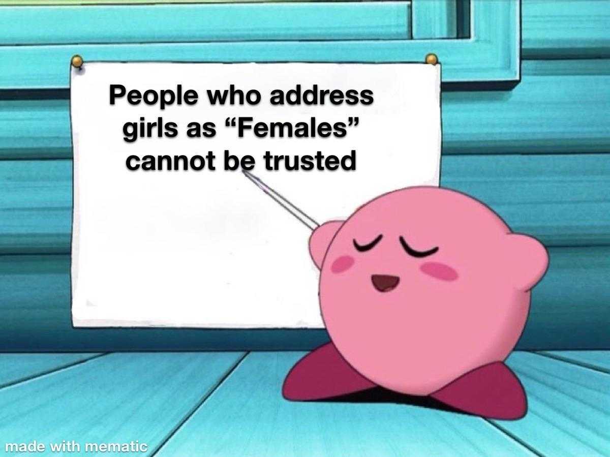 cartoon of a pink pig with a sign that says people who address girls as females cannot ' t be trusted