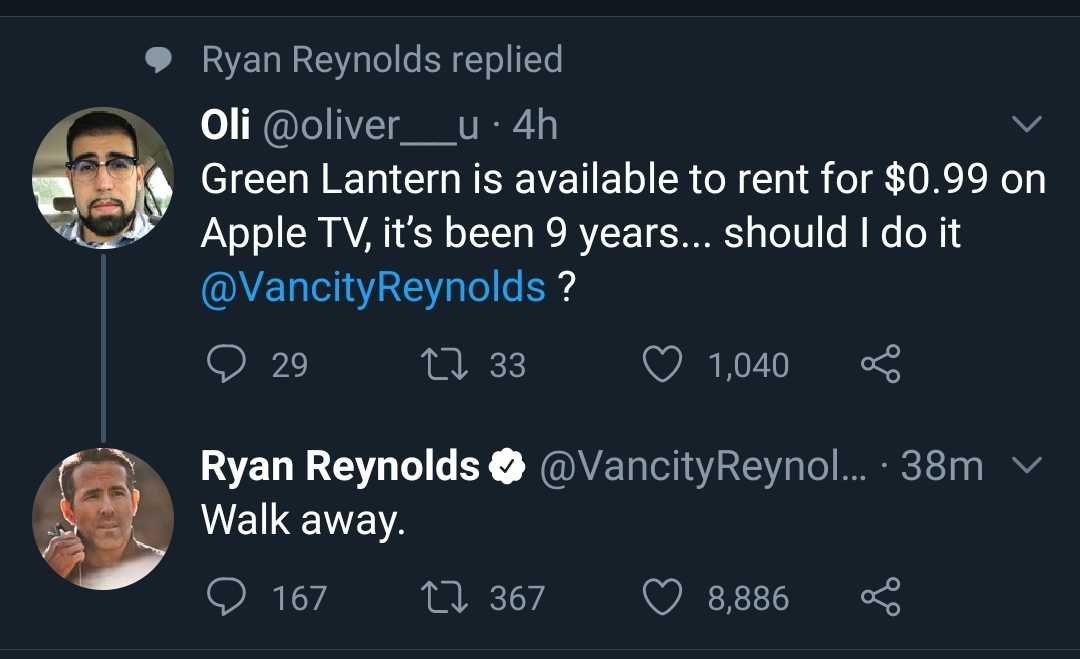 a twee message from ryan reynolds on twitter about the apple tv