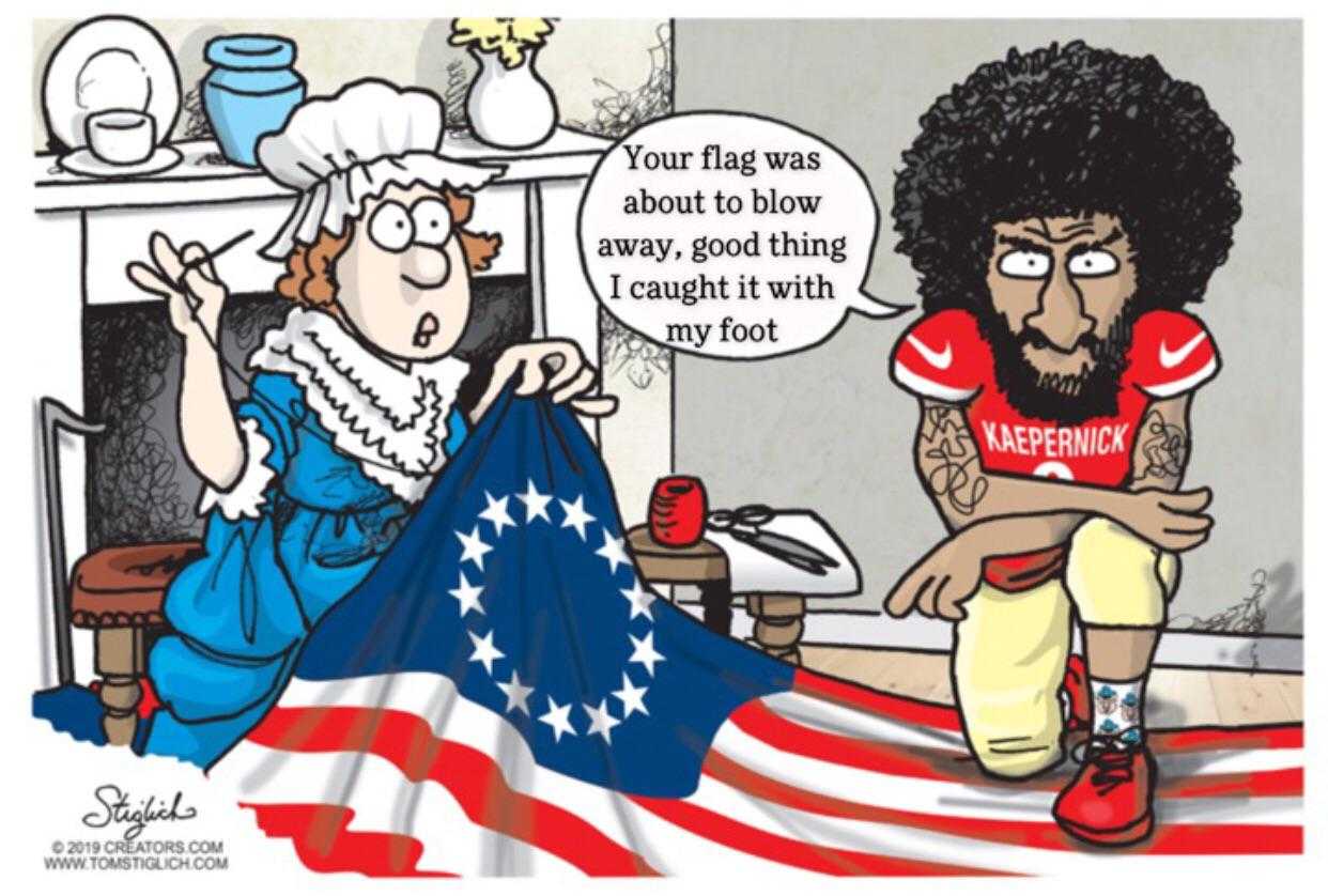 cartoon of a man and woman sitting on a bed with an american flag