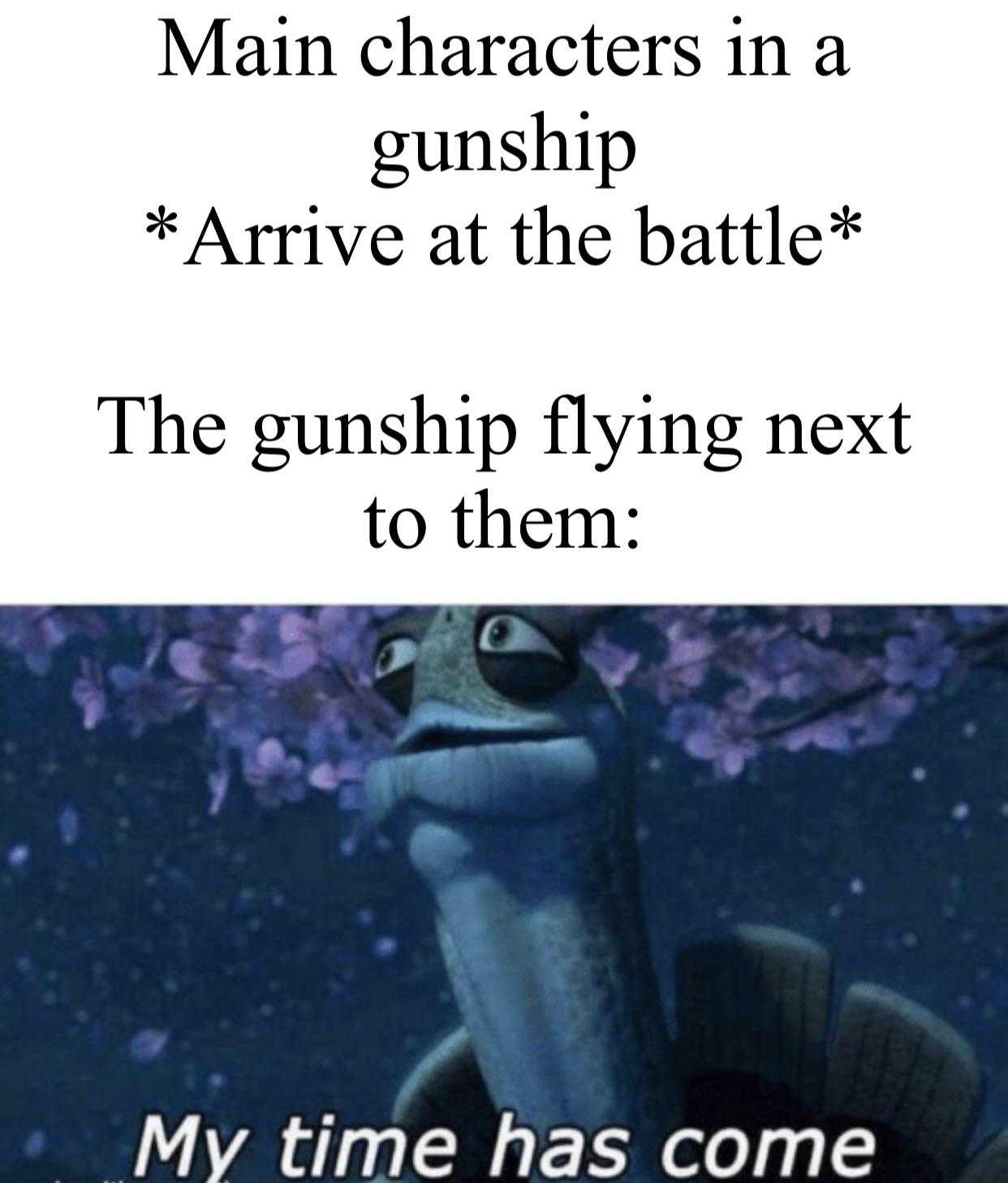 a picture of a fish with a caption saying, ' main characters in a gunship arrive at the