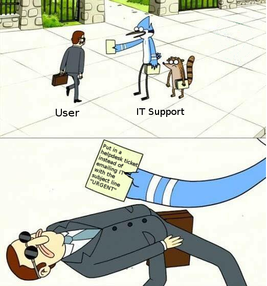 cartoon of a man in a suit and tie holding a sign that says user support