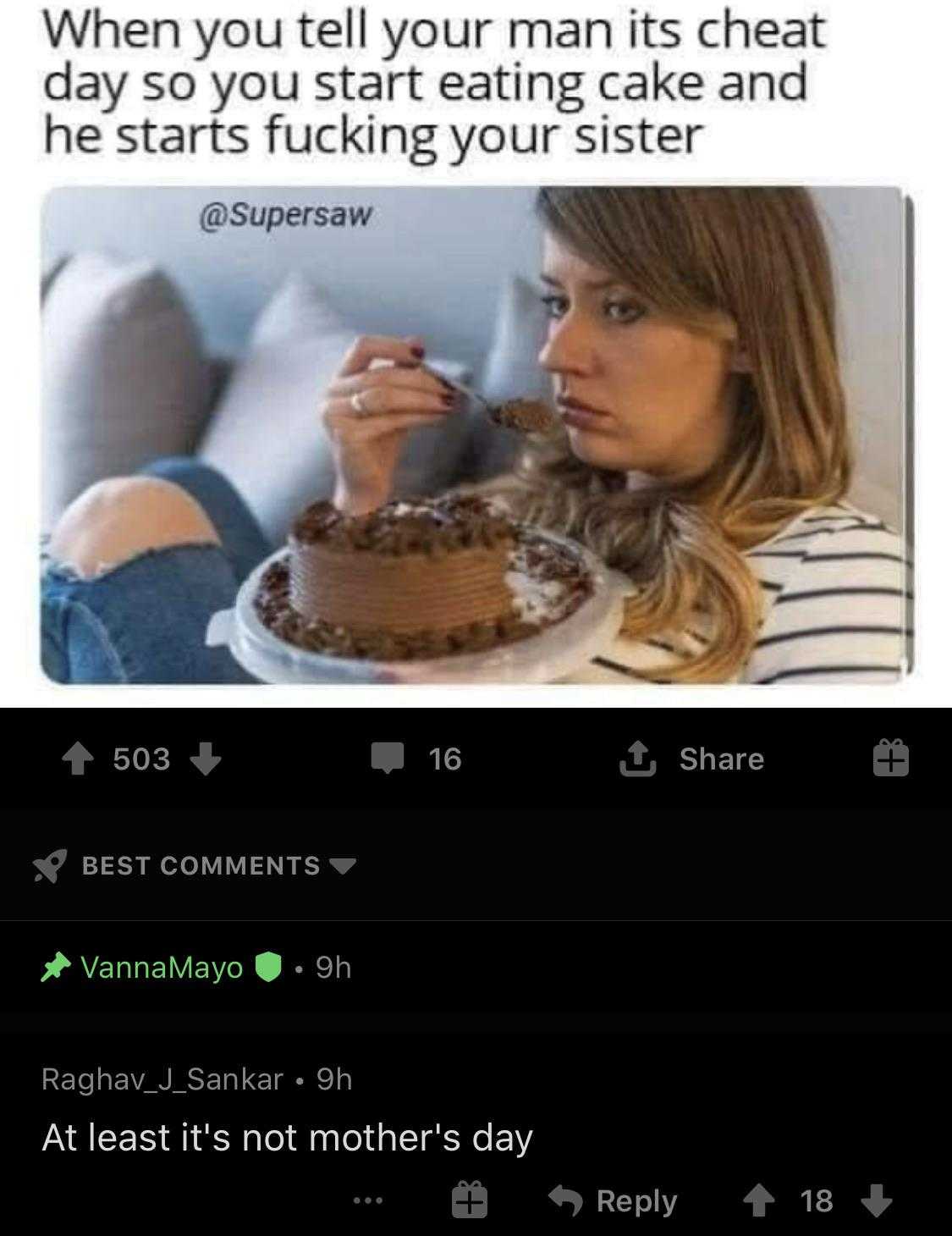 a woman eating a cake with a caption of a woman eating a cake