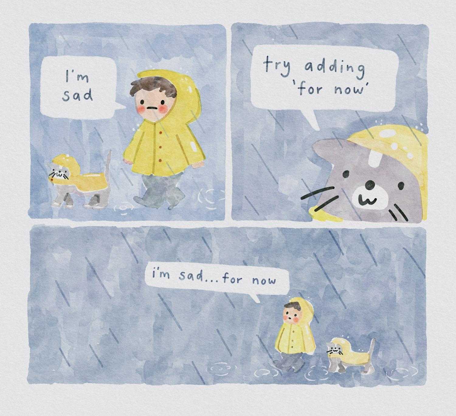 there is a cartoon of a boy and a cat in the rain