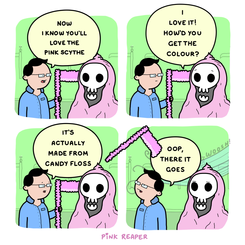 cartoon of a man and woman with a pink skull on their head