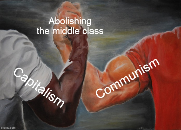 a painting of two men arm wrestling each other with the words capitalism