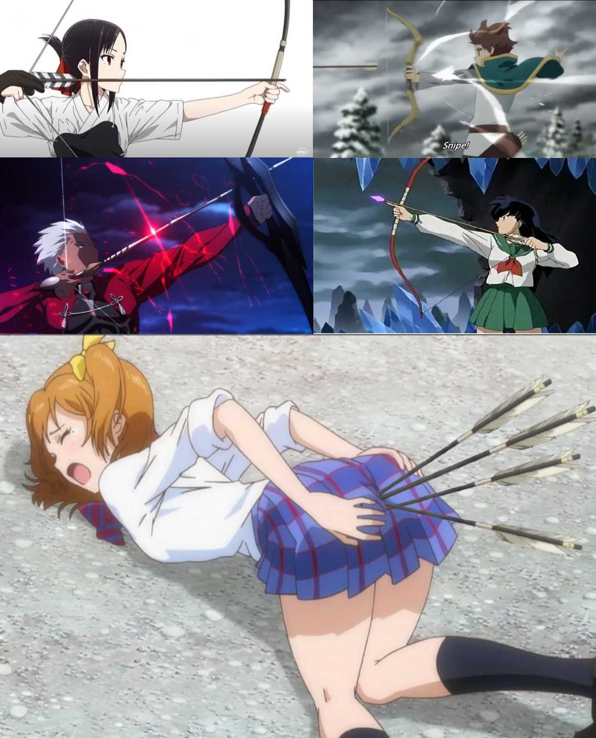 anime characters are in different poses with bows and arrows