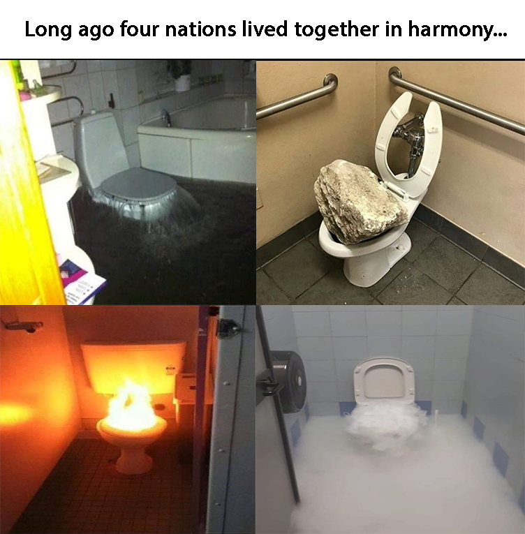 there are four pictures of a bathroom with a toilet and a fire