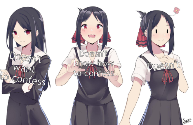 anime girl with different expressions with words on her face