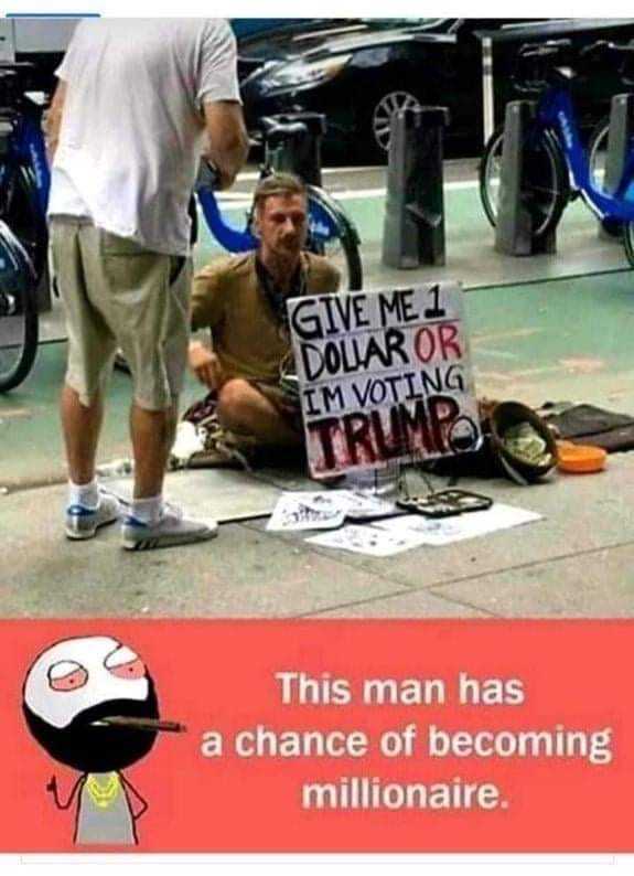 someone is sitting on the ground with a sign that says give me a war or a chance of becoming a millionaire