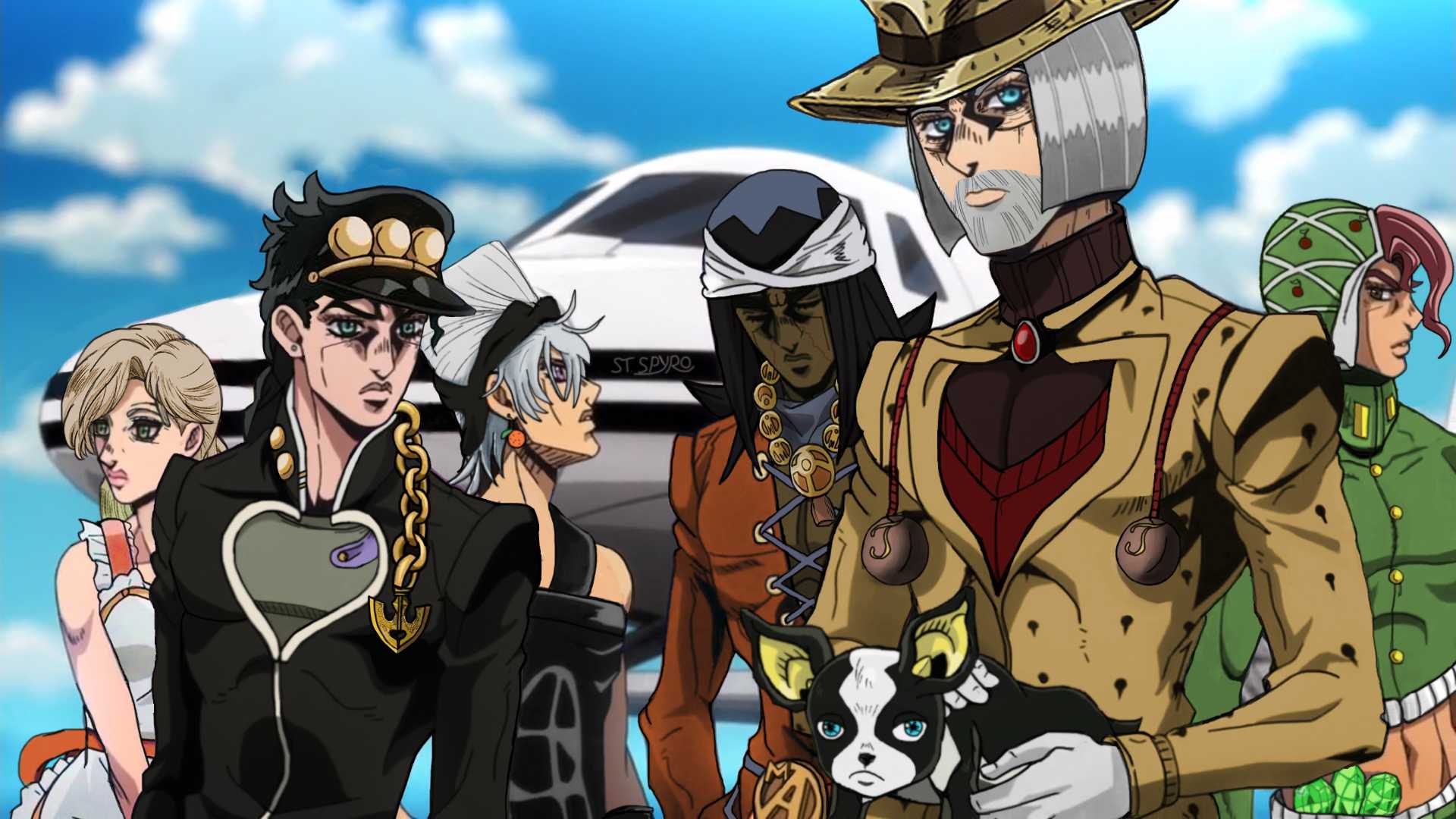 anime characters standing in front of a car with a sky background