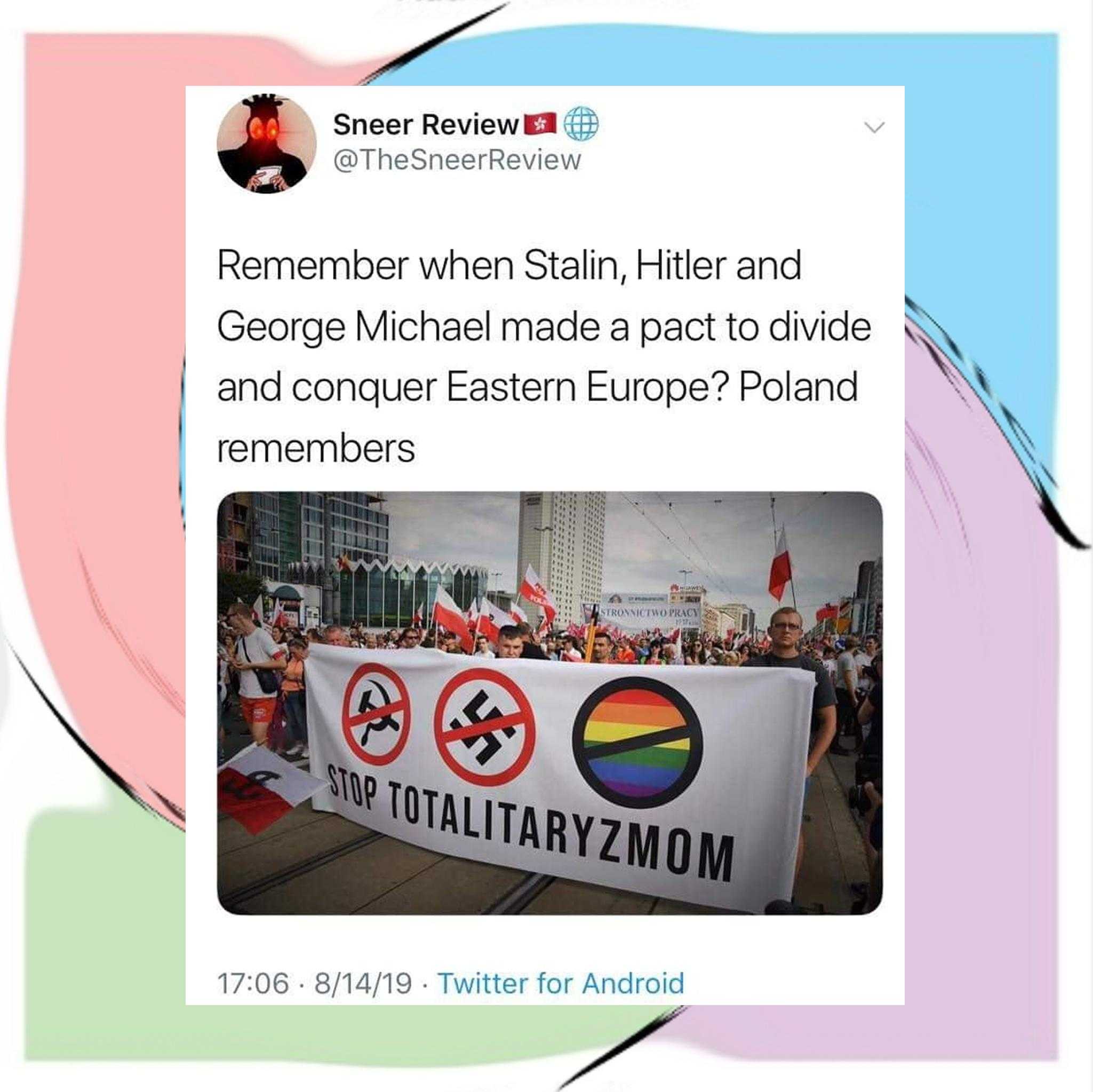 a tweeer tweeing about the same banner with a picture of a man holding a rainbow flag