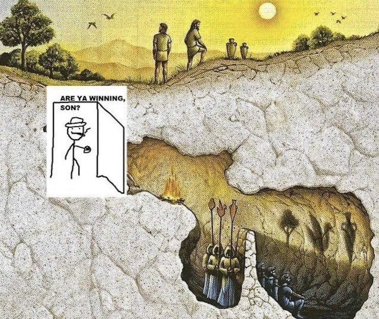 there is a drawing of a man standing in a hole with a sticker on it