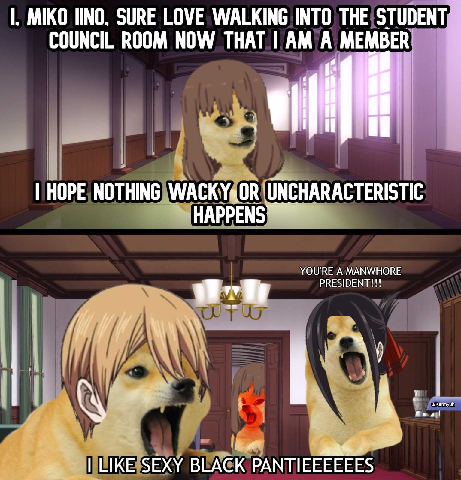 anime meme of a dog with a long hair and a woman with a red bow