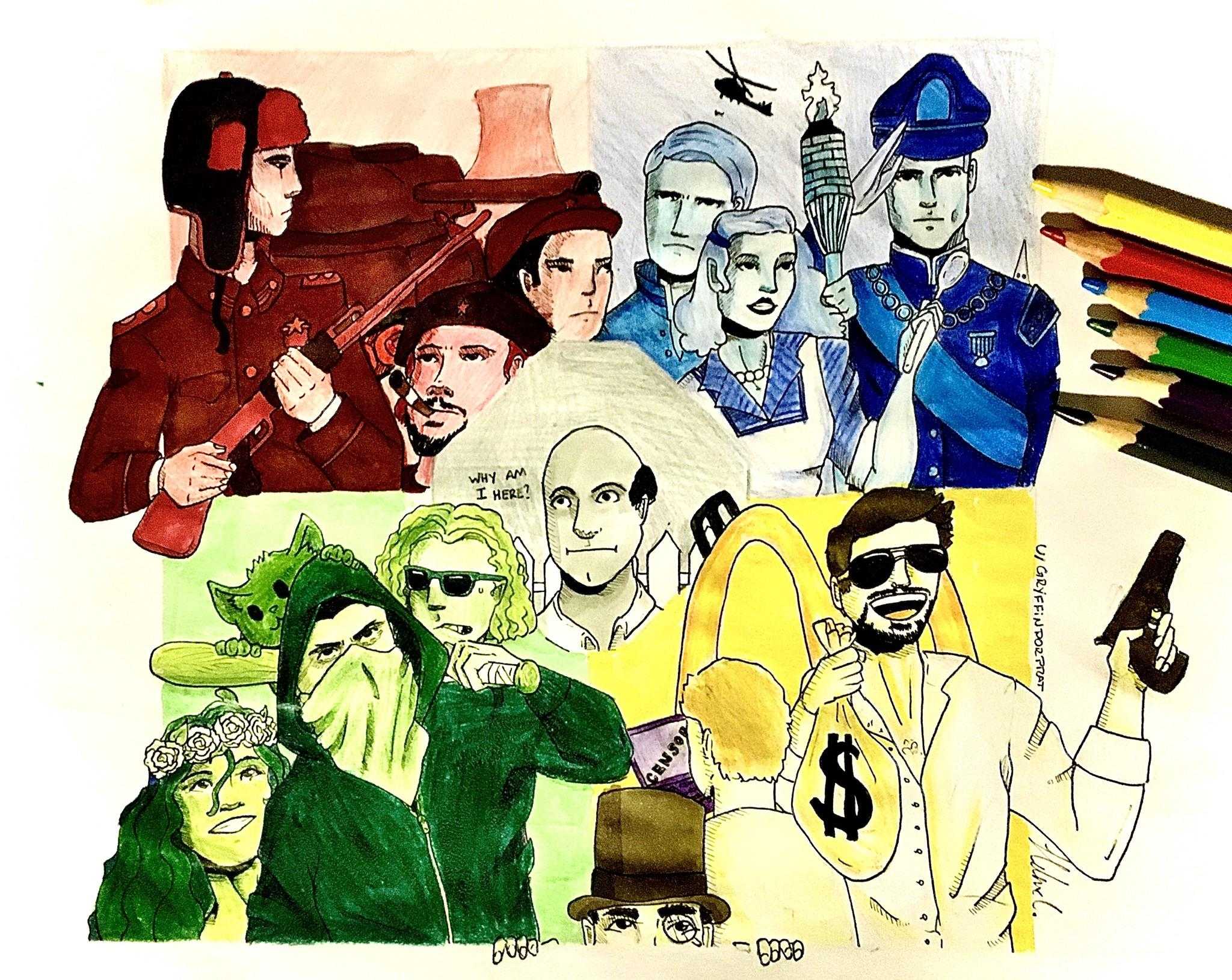 sketches of a group of people with guns and hats